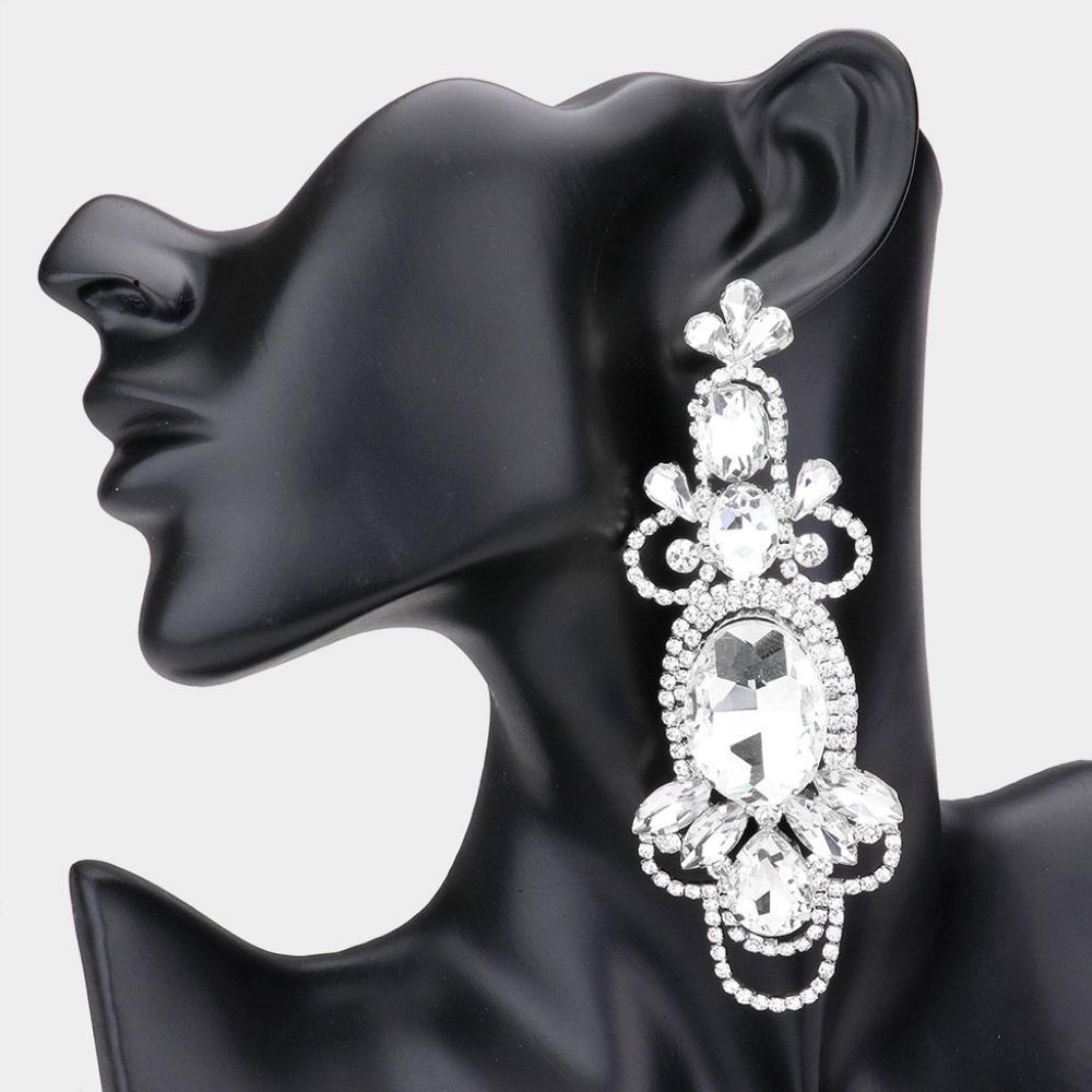 Silver Oval Rhinestone Crystal Dangle Earrings 4.5" Statement Teardrop Earrings